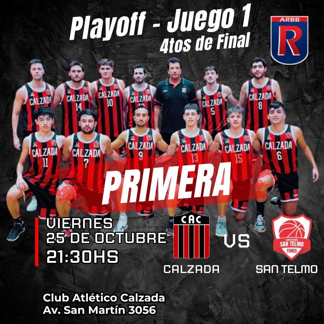 📅 Viernes 25/10
🏆 PRIMERA A
📍 Cuartos de Final - Juego 1
🆚 San Telmo 
🏟️ “Feres Baclini” - San Martín 3056
⌚️ 21:30 hs