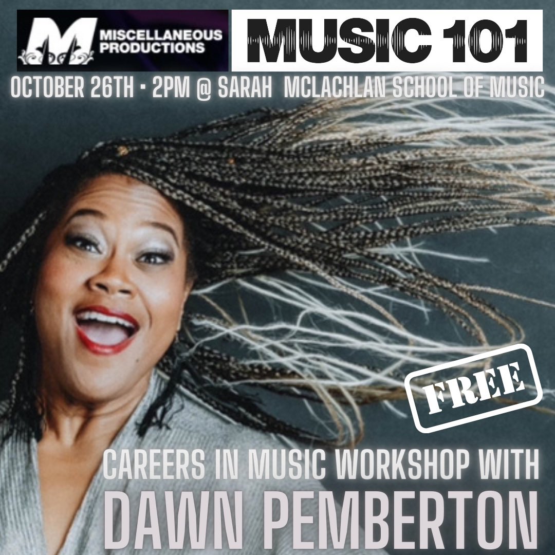 FREE #MUSIC101 WORKSHOPS for youth are still going strong, we’re excited to showcase our 3rd in the series Oct 26th • 2pm at <a href="/SMschoolofmusic/">Sarah McLachlan School of Music</a> w/WCMA winner and Juno nom. singer/musician <a href="/dawnpemberton/">Dawn Pemberton</a> 
Info: miscellaneousproductions.ca
#misccommunity