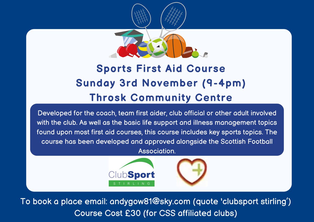 ClubSport Stirling (@clubsportstlg) on Twitter photo Please see information for our fourth and final first aid course of 2024, once again through approved provider @ad_train_develop
| Sports First Aid |
Sunday, November 3rd (9am-4pm)
Throsk Community Centre
£30 Per Person
To sign up email us: team@clubsportstirling.org.uk Please see information for our fourth and final first aid course of 2024, once again through approved provider @ad_train_develop
| Sports First Aid |
Sunday, November 3rd (9am-4pm)
Throsk Community Centre
£30 Per Person
To sign up email us: team@clubsportstirling.org.uk