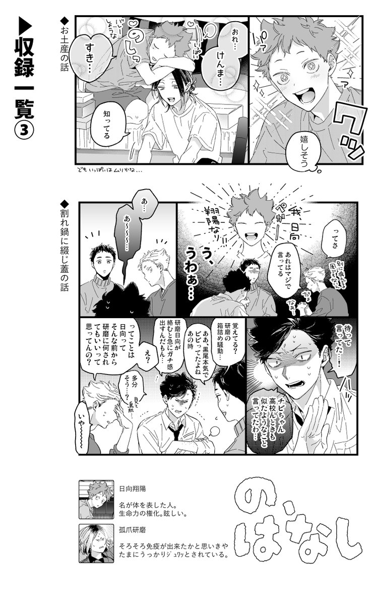 『の、はなし』 A5/20P
割れ鍋に綴じ蓋な研日のわちゃ短編詰め本です。