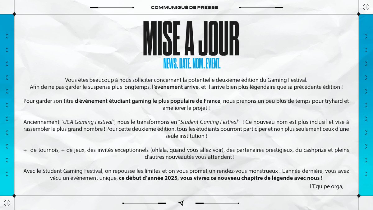 Vous attendiez tous de nos nouvelles, en voici !
Quelques explications de ce qu’il se passe dans l’ombre 🕵️

#studentgamingfestival #gamingfestival #gamers #event #ucagamingfestival #clermont #ferrand #clermontferrand