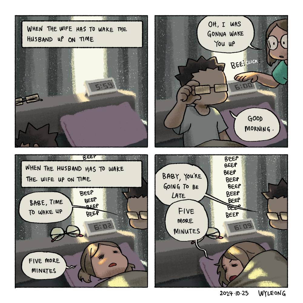 laxa88's tweet photo. Waking up the partner
Yes, I don't use the pillow when I sleep.
#wyleong #comic #comicstrip #comicartist #comicartistsontwitter #malaysianartist #couplecomedy #dailylife #morningperson #nightowl #funny #sleepy #artistsontwitter https://t.co/FYz2S37UbF