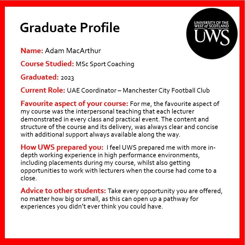 UWS Division of Sport Exercise & Health (@uws_sport) on Twitter photo Thinking about joining our MSc Sport and Exercise degree in January?
MSc Sport student Adam graduated last year and is now working for <a href="/ManCity/">Manchester City</a> as their UAE Coordinator.
#lifeatuws
#GraduateSuccess Thinking about joining our MSc Sport and Exercise degree in January?
MSc Sport student Adam graduated last year and is now working for <a href="/ManCity/">Manchester City</a> as their UAE Coordinator.
#lifeatuws
#GraduateSuccess