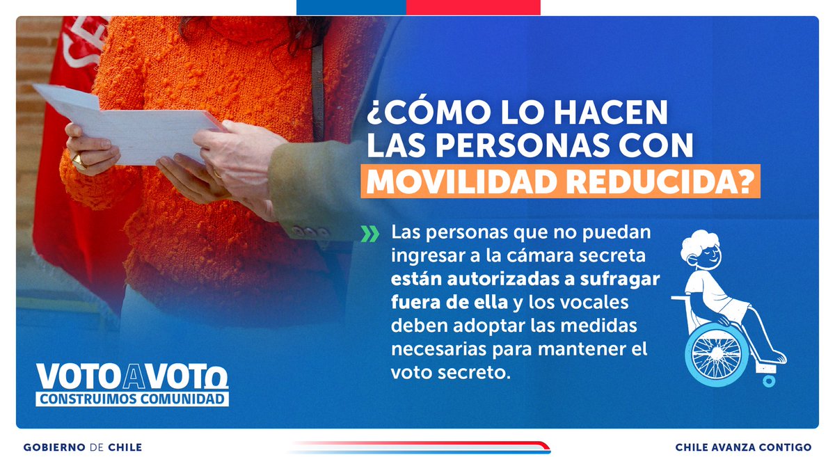 Todos y todas deben ejercer su derecho a voto, aquí te explicamos cómo lo pueden hacer las personas con discapacidad a través de las medidas de accesibilidad.  
Más información en 🔗 servel.cl