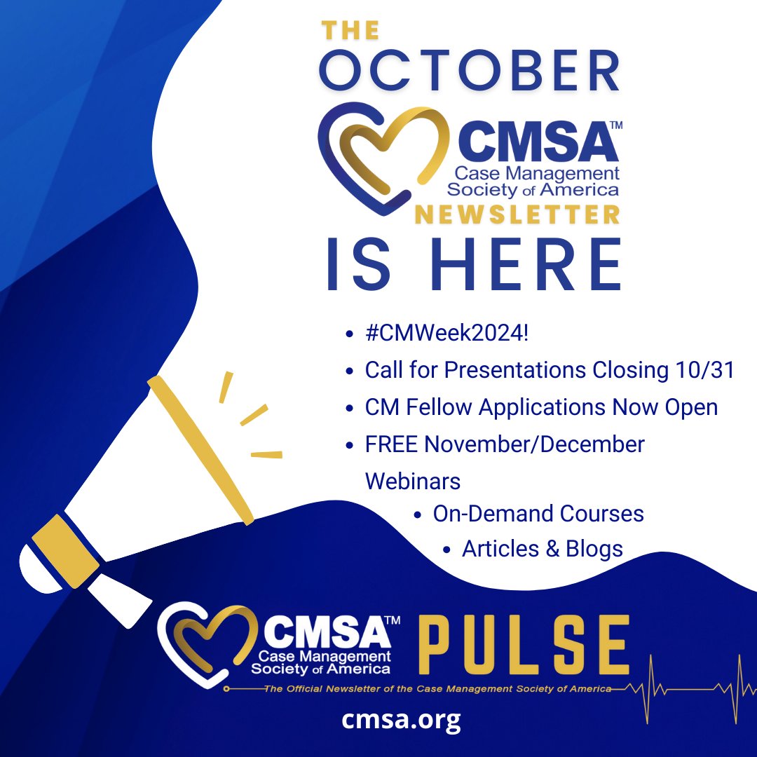 CMSANational's tweet image. October #CMSAPulse Newsletter Alert! 🔗bit.ly/CMSAPulseOct20…
- #CMWeek2024 Events &amp;amp; Recordings!
- #CMSA2025 Call for Presentations Close 10/31
- #CMFellow Applications Open
- FREE Nov/Dec Webinars
- New Articles &amp;amp; Blogs
- And more!
#CMSA #CaseManagement #CareerAdvancement