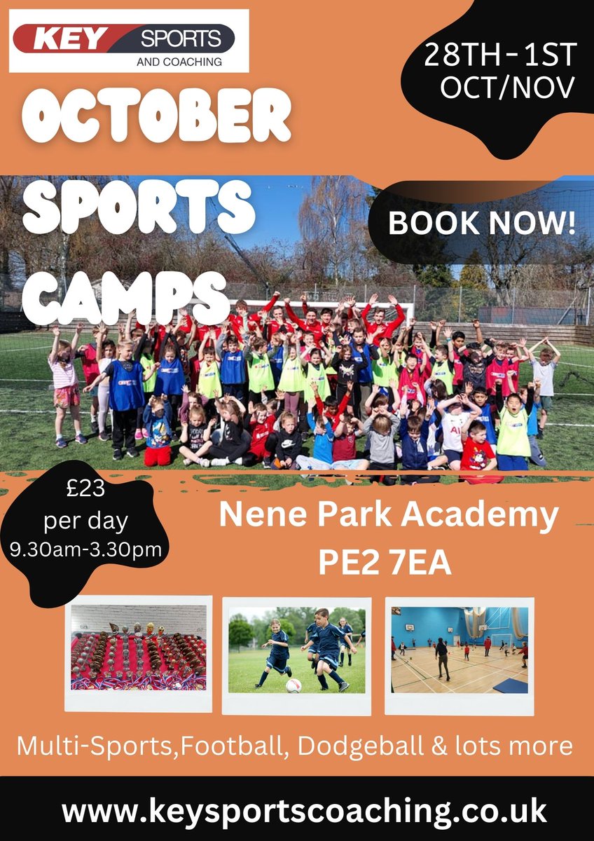 ⭐️Sports Camps start at Nene Park Academy on Monday!⭐️

📅Monday 28th October- Friday 1st November
⌚️9.30am-3.30pm early and extra time available 8.30am &amp; 4.30pm
👫For boys and girls aged 4-12.
Lots of sports and games!
🏀🎾🏏🏒⚽️🥅

To book visit keysportscoaching.co.uk