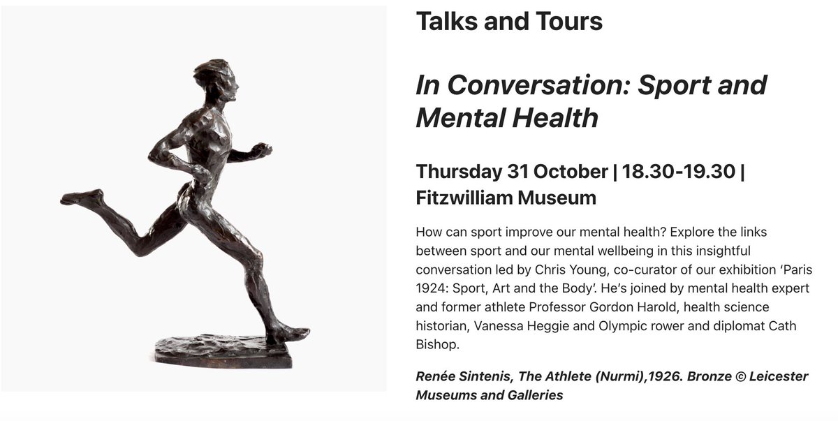 Rudd Centre Cambridge (@ruddcambridge) on Twitter photo Thur 31 Oct, 18.30-19.30 <a href="/FitzMuseum_UK/">Fitzwilliam Museum</a> 📢 Sign up!
tickets.museums.cam.ac.uk/8438/8445
How can sport improve our mental health? Discussion led by ‘Paris 1924: Sport, Art & the Body’ co-curator Chris Young. Joined by former athlete & our Director Prof Gordon Harold, health science historian Thur 31 Oct, 18.30-19.30 <a href="/FitzMuseum_UK/">Fitzwilliam Museum</a> 📢 Sign up!
tickets.museums.cam.ac.uk/8438/8445
How can sport improve our mental health? Discussion led by ‘Paris 1924: Sport, Art & the Body’ co-curator Chris Young. Joined by former athlete & our Director Prof Gordon Harold, health science historian