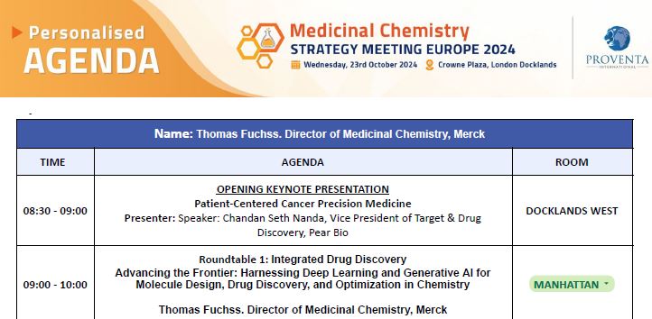 Fuchss_Thomas's tweet photo. Had a great time leading a roundtable at Proventa's Medicinal Chemistry Strategy Meeting Europe 2024 in London! We discussed leveraging Deep Learning &amp; Generative AI for molecule design, drug discovery &amp; optimization in chemistry #MedicinalChemistry #AI #DrugDiscovery
#ProventaSM https://t.co/7QgA1w1hGr