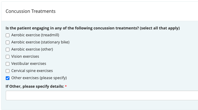 Do you provide concussion rehabilitation to your patients? A new change to the CORE-AT EMR allows you to select multiple types of rehab your patient completed to help us research recovery from concussion.