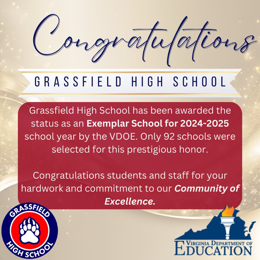 grassfield_hs's tweet photo. 🚨Press Release🚨
Grassfield High School has been awarded the status of Exemplar school by the VDOE. This prestigious award is a direct reflection of our Grizzlies commitment to our #CommunityofExcellence.
For more information, please click the link: https://t.co/Q6OvIvjmtV https://t.co/tXh7ghqFHm