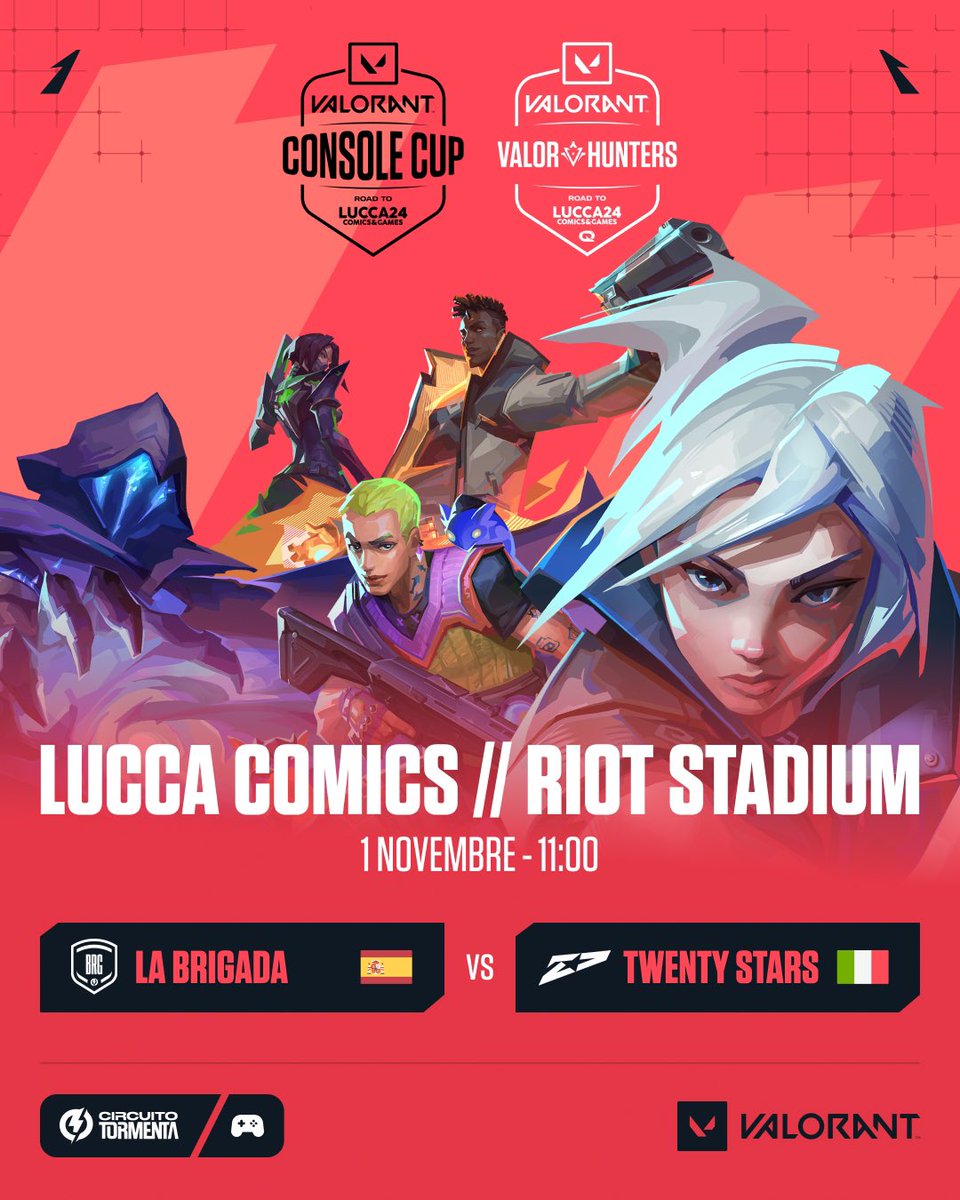 QLASH_Events's tweet photo. 🎮 𝐕𝐚𝐥𝐨𝐫𝐚𝐧𝐭 𝐂𝐨𝐧𝐬𝐨𝐥𝐞 𝐂𝐮𝐩 - 𝐑𝐨𝐚𝐝 𝐭𝐨 𝐋𝐮𝐜𝐜𝐚 𝟐𝟒 🚀

Manca sempre meno al @LuccaCandG dove per la prima volta la Tormenta varcherà i confini nazionali con la finalissima Italia-Spagna della #Valorantconsolecup - una serie di tornei nazionali organizzati in collaborazione con @SomosLaTormenta , in cui i top team dei rispettivi paesi si sono guadagnati un posto in questa storica prima finale internazionale 🔥

🇮🇹 Dal circuito italiano #ValorHunters , sono i @20starsEsports a essersi qualificati come miglior team italiano che vedremo quindi scontrarsi con gli avversari spagnoli “La Brigada” 🇪🇸

🗓️ Venerdì 1 Novembre 
🕚 11:00
🏟️ RIOT Stadium

Potrete seguire la finale anche in live streaming nel nostro canale Twitch ufficiale 👉🏻 https://t.co/w8B2inCT2g 📺

Vi aspettiamo 🤜🏻🤛🏻

#VALORANT