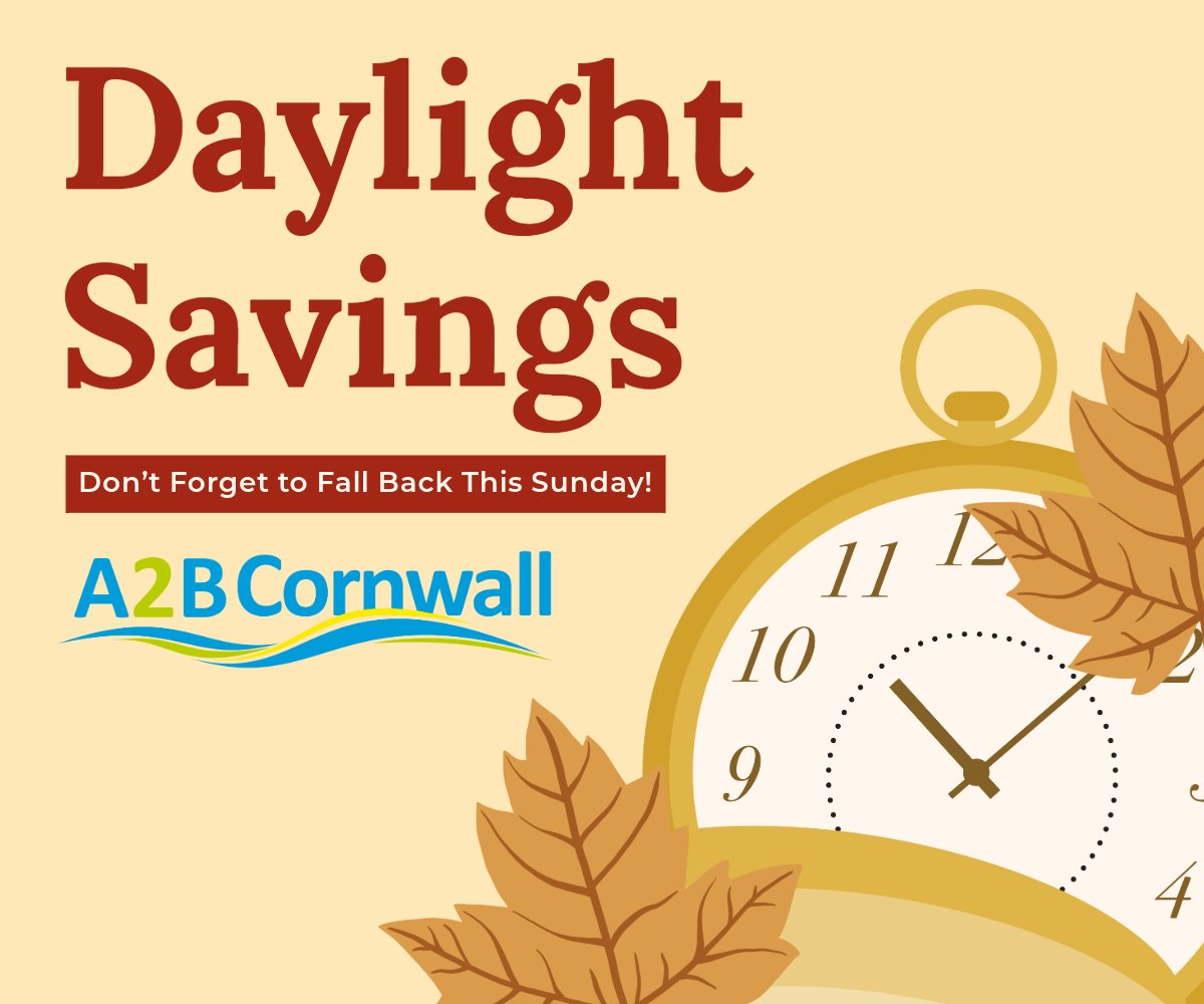 Fall back this weekend! 🕰️ Gain an hour and keep our taxis in mind to get you safely wherever you’re headed!

📲 Download our app bit.ly/A2BTaxis
📞 01872 272989
🌐 a2btaxistruro.com
-
-
-
-
#TimeChangeReminder #FallBackSafely #A2B #A2BTaxis #Cornwall #Download