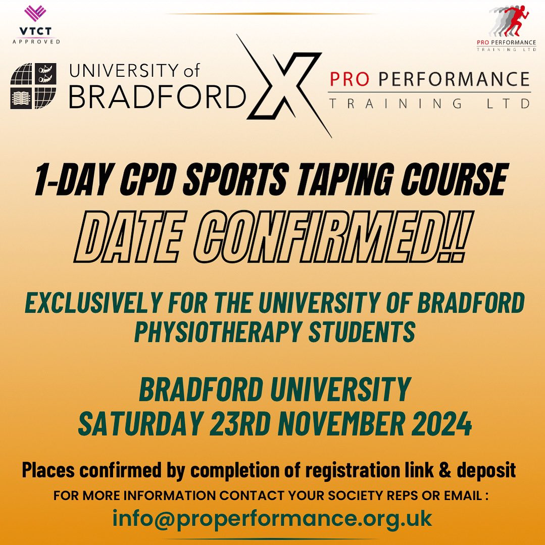 Pro Performance Training Ltd (@ppt_ltd) on Twitter photo 📣🔥NEW COURSE! We are excited to announce a new collaboration with @uobphysiosoc <a href="/UOB_Physio/">University of Bradford Physiotherapy Programmes</a> and a date is now confirmed for our 1-day CPD Sports Taping Course EXCLUSIVELY for @@uobphysiosoc Physiotherapy Students - register here 👉🏽 forms.office.com/e/2DMcxaYci2 📣🔥NEW COURSE! We are excited to announce a new collaboration with @uobphysiosoc <a href="/UOB_Physio/">University of Bradford Physiotherapy Programmes</a> and a date is now confirmed for our 1-day CPD Sports Taping Course EXCLUSIVELY for @@uobphysiosoc Physiotherapy Students - register here 👉🏽 forms.office.com/e/2DMcxaYci2