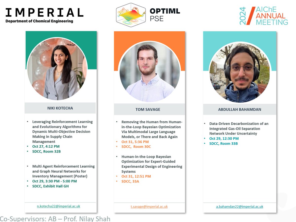 It's going to be a busy week! The second lineup of speakers at the upcoming #AIChEAnnual conference, featuring Niki, Tom, and Abdullah. If your schedule permits, don't miss the opportunity to join our talks!   [2/2]
<a href="/ImperialChemEng/">Imperial ChemEng</a> <a href="/ChEnected/">American Institute of Chemical Engineers (AIChE)</a>