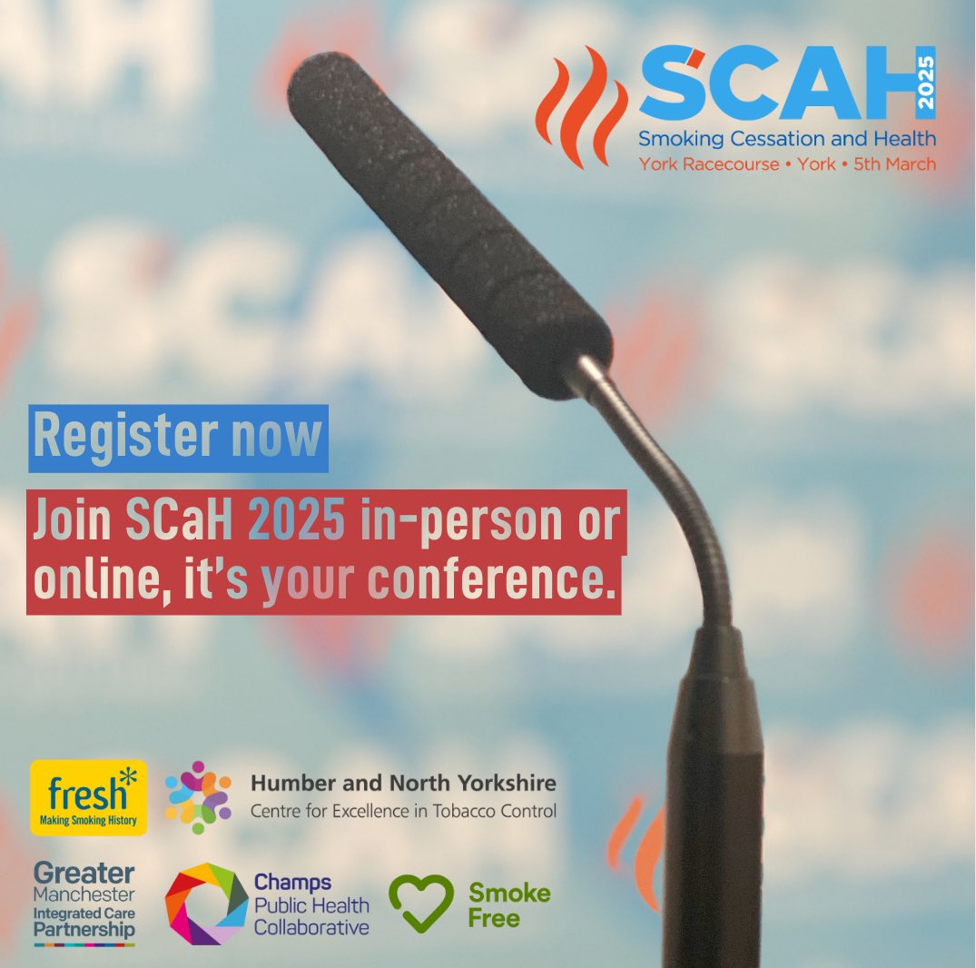 It’s your conference. Join us in-person in York, or online, on 5th March 2025. 

Registration for the hybrid Smoking Cessation &amp; Health (SCaH) conference is now open, with early-bird rates now available.

Register here: smokingcessationandhealth.co.uk/register/

We hope to see you at SCaH 2025.