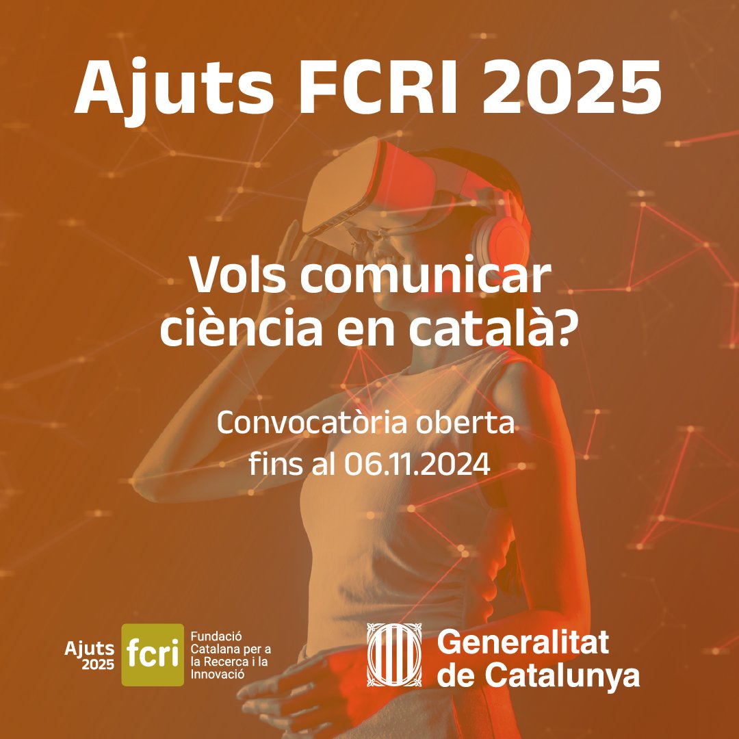fcri_cat's tweet photo. Amb els #AjutsFCRI impulsem la cultura científica a Catalunya!

Tens una proposta per a un projecte de divulgació científica? Ara és el moment de convertir-la en realitat! 

La convocatòria d'#AjutsFCRI 2025, dotada amb 300.000 euros, cerca finançar iniciatives en llengua catalana que contribueixin a acostar la ciència a tothom. 

🆕Enguany, nova categoria especial “Gran producció audiovisual”, exclusivament per a persones jurídiques.

Tens fins al 6 de novembre per presentar la teva proposta!

Consulta les bases aquí: https://t.co/L4ENgyrdAW