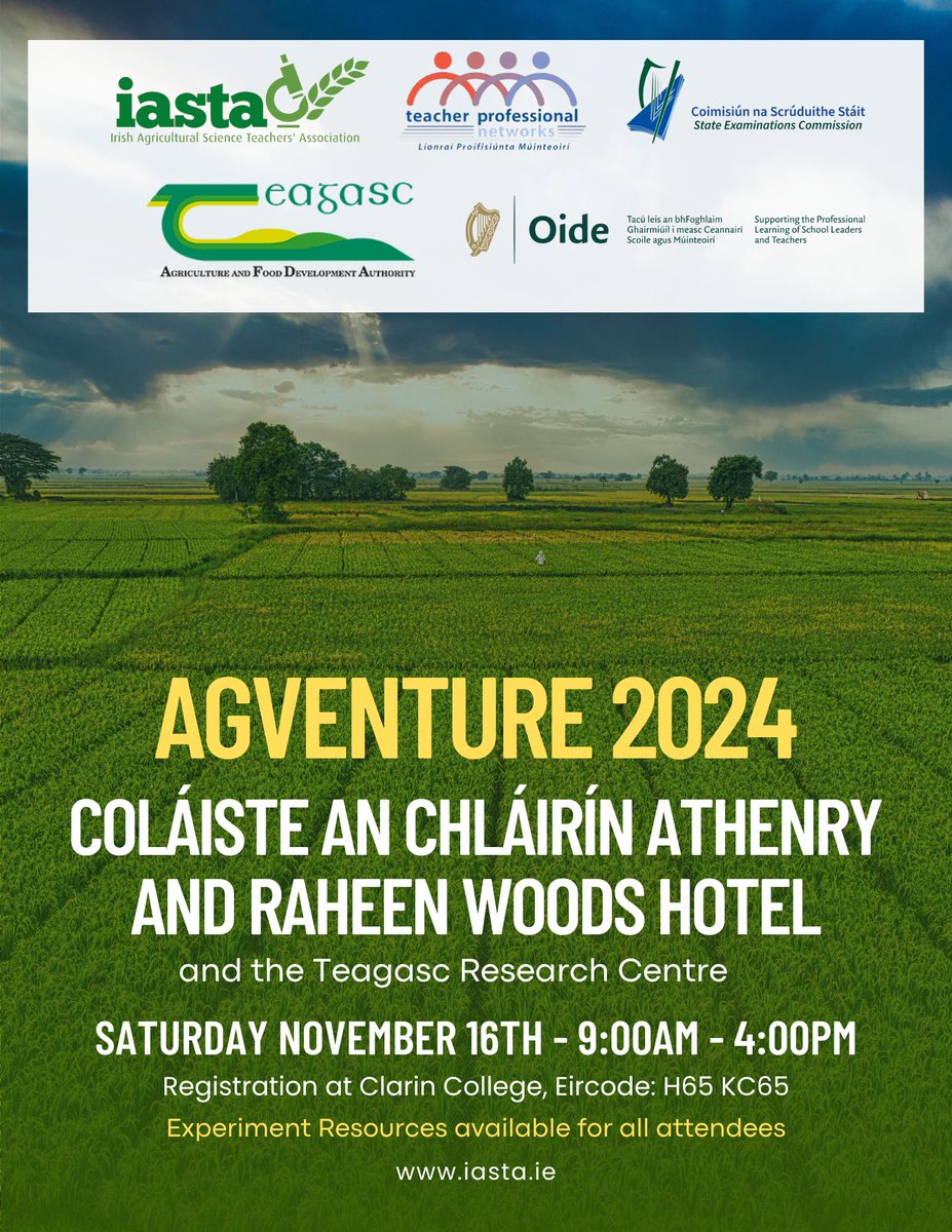Oide_Science's tweet image. AgVenture 2024 is taking place on Saturday Nov 16th from 9am - 4pm at Clarin College. #agsci @AgScience 
Link to register 👉iasta.ie/ag-venture-202… 
Details below 👇