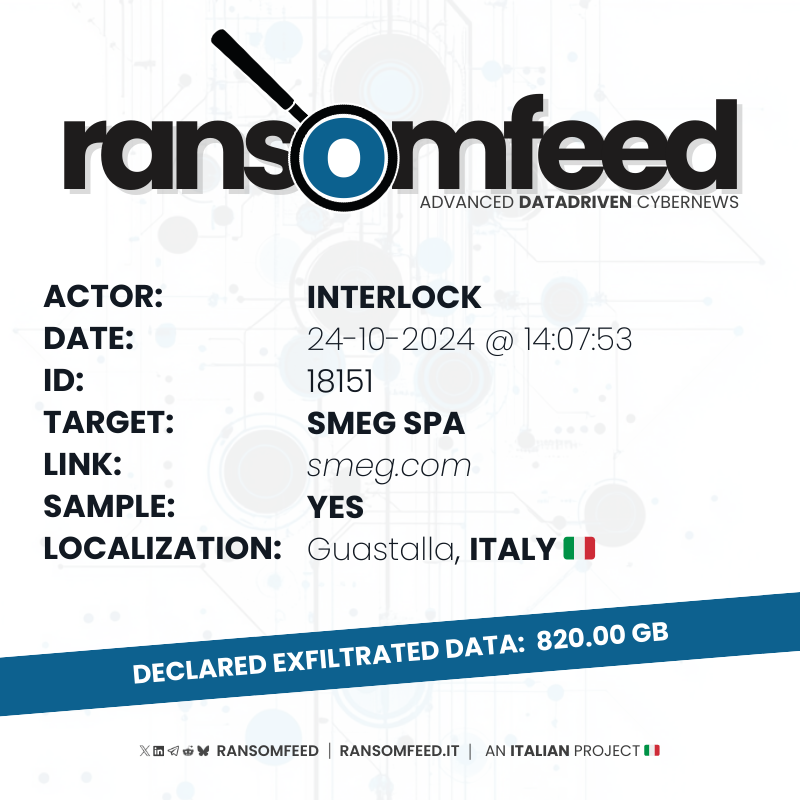 ransomfeednews's tweet image. 𝗔𝗰𝘁𝗼𝗿: #interlock
𝗩𝗶𝗰𝘁𝗶𝗺: SMEG SPA | smeg.com
𝗖𝗼𝘂𝗻𝘁𝗿𝘆: Italy 🇮🇹
𝗦𝗮𝗺𝗽𝗹𝗲: yes
𝗘𝘅𝗳𝗶𝗹𝘁𝗿𝗮𝘁𝗲𝗱 𝗱𝗮𝘁𝗮: declared 820.00 GB, declared published 574.00 GB
𝗗𝗲𝗮𝗱𝗹𝗶𝗻𝗲: -

👉🏻 one of the oldest Italian home appliance manufacturer, Smeg…