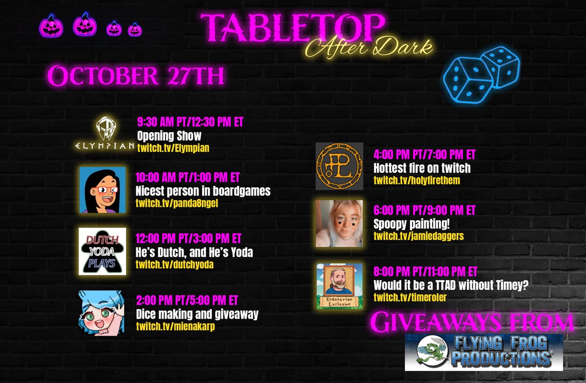 its Tabletop After Dark HALLOWEEN edition !
TONS of giveaways thru the day and EVEN BETTER content...drop by and say hi !

<a href="/Elympian_Thomas/">Thomas Gonzales (Elympian)</a> will be starting the party off!

I'll be posting links on Sunday, but all info is in pic <3

I CANT WAIT to show you the dice I made :D