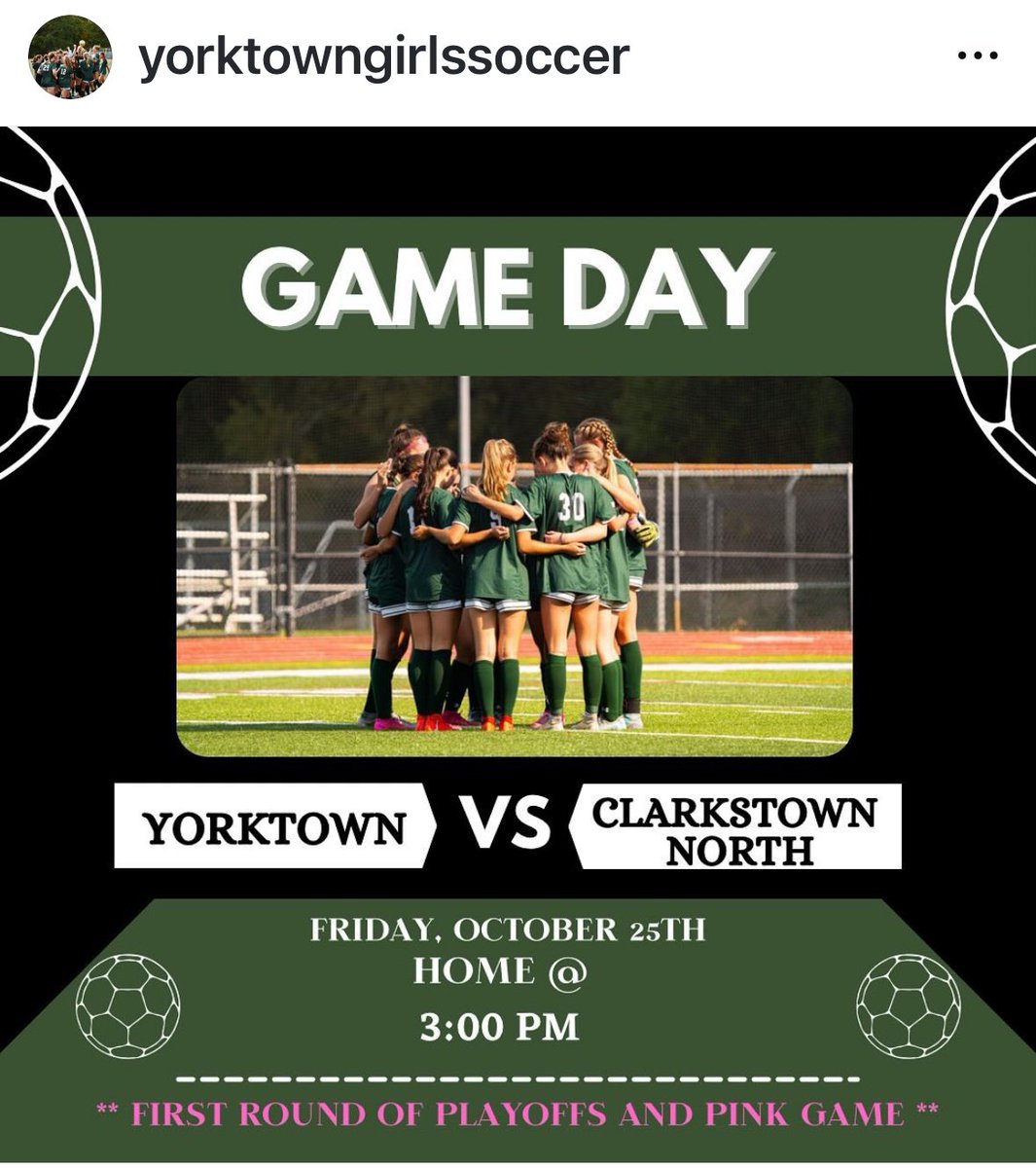 YtownGVS's tweet photo. Today 3 pm at HOME🌽
1st round of playoffs vs Clarkstown North and 
our PINK game! Be there 🩷 https://t.co/Q7Vbz3BCCY