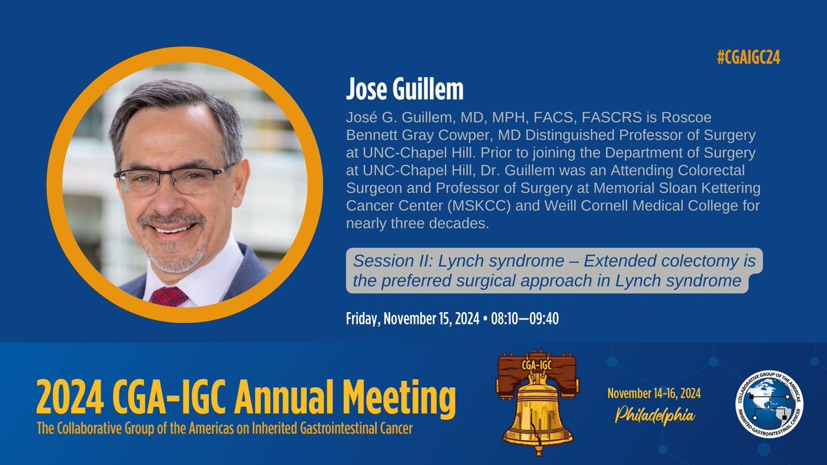 CGA-IGC (@cgaigc) on Twitter photo We are happy to present <a href="/JoseGuillemMD/">Jose G Guillem, MD, MPH, MBA</a> as our invited speaker at #CGAIGC24! Dr. Guillem is the Roscoe Bennett Gray Cowper, MD Distinguished Professor of Surgery at <a href="/UNC_Health_Care/">UNC Health</a>. Read more about his research: bit.ly/3BW1xTr We are happy to present <a href="/JoseGuillemMD/">Jose G Guillem, MD, MPH, MBA</a> as our invited speaker at #CGAIGC24! Dr. Guillem is the Roscoe Bennett Gray Cowper, MD Distinguished Professor of Surgery at <a href="/UNC_Health_Care/">UNC Health</a>. Read more about his research: bit.ly/3BW1xTr