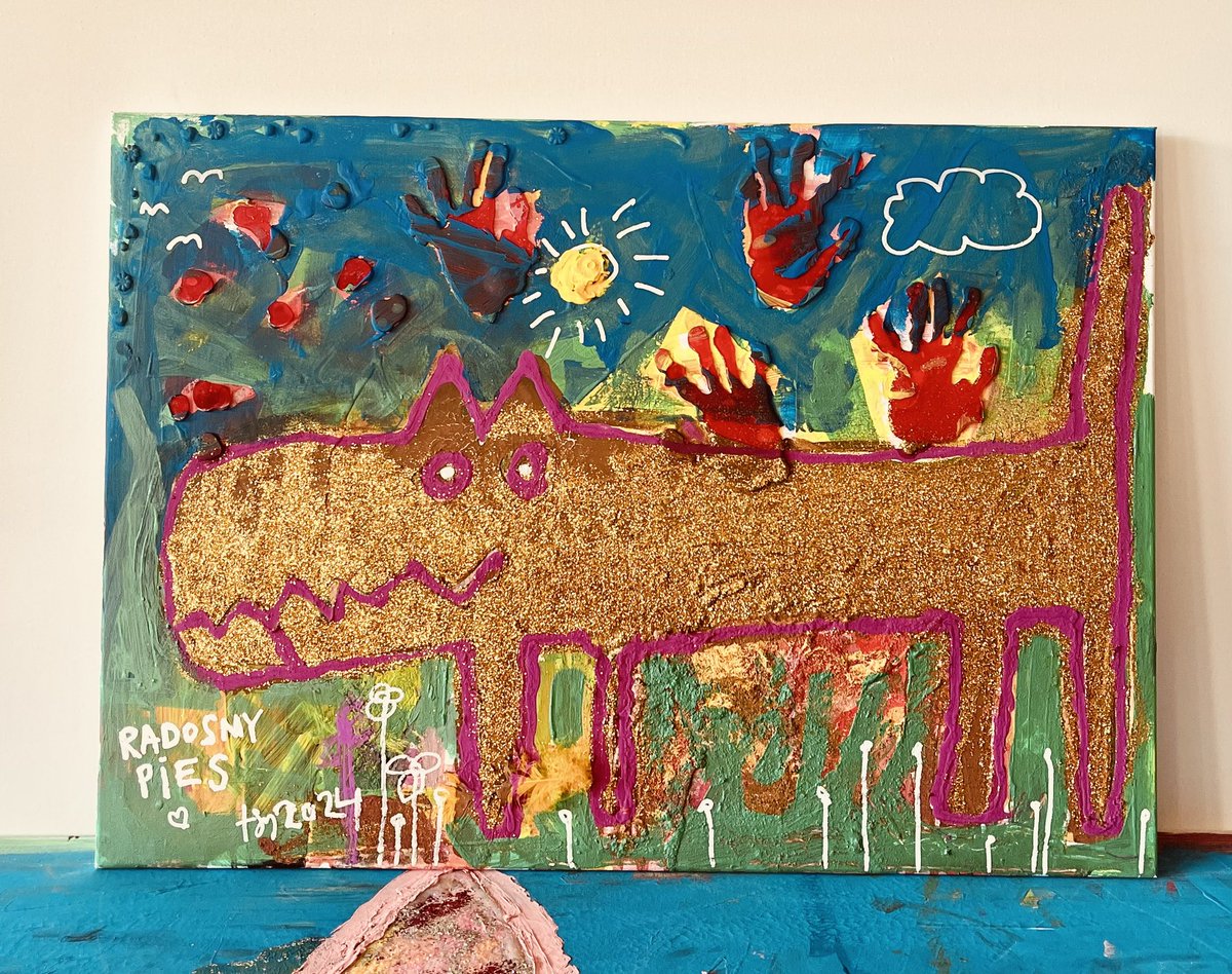 tfurca's tweet photo. radosny pies. / funny dog. akryl na płótnie. technika mieszana. 50cm na 70cm. #art #painting #malarstwo #popart #sztuka #syslo https://t.co/0I0kOPNhYE