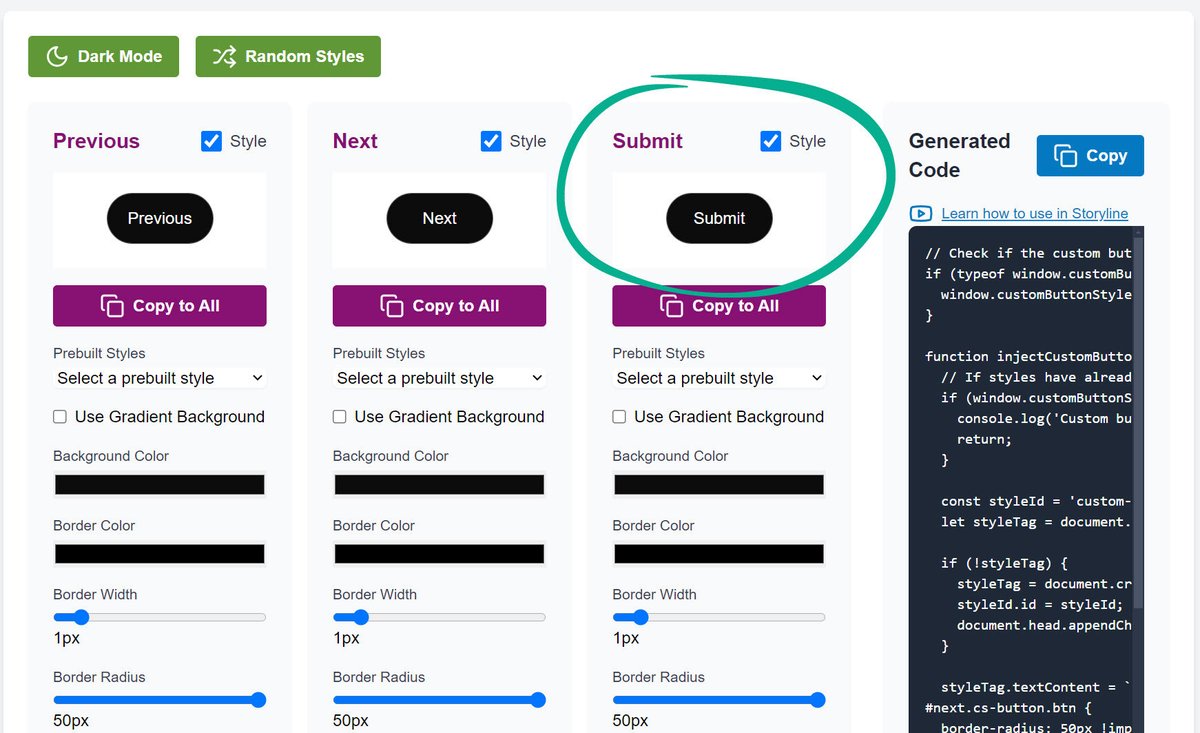 onEnterFrame's tweet image. We added the Submit button to our Custom #ArticulateStoryline Nav Button Generator
🌈 Gradient bgs, border styles, and text colors.
✨ Hover animations.
🎯 Apply animations when the &quot;Next&quot; button becomes active.
hubs.li/Q02VLjWF0
#eLearning #InstructionalDesign #EdTech