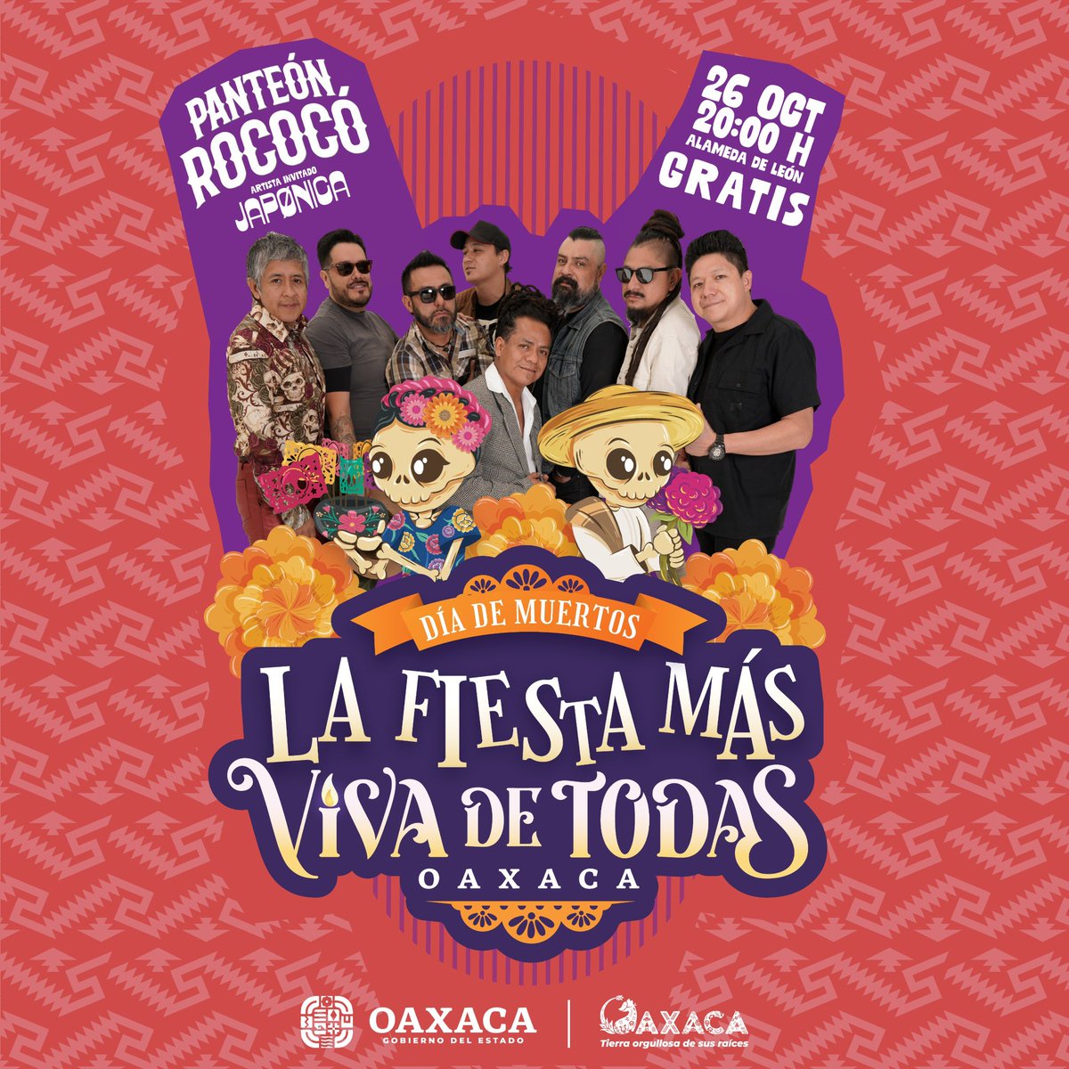 salomonj's tweet photo. Amigas y amigos, los invitamos mañana a disfrutar el concierto de Panteón Rococó en la Alameda de León, para dar inicio a las celebraciones del Día de Muertos, #LaFiestaMásVivaDeTodas. Las y los esperamos en este evento gratuito. https://t.co/NvwBky689g