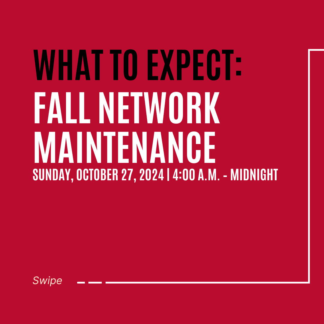 uga_eits's tweet photo. Heads up! EITS will conduct biannual network maintenance this Sunday, Oct 27th, 2024 from 4 a.m. until Midnight. Expect intermittent outages affecting Telephone Services, Campus Internet, and Information Systems. #eits #uga https://t.co/A1XbBlbrA0