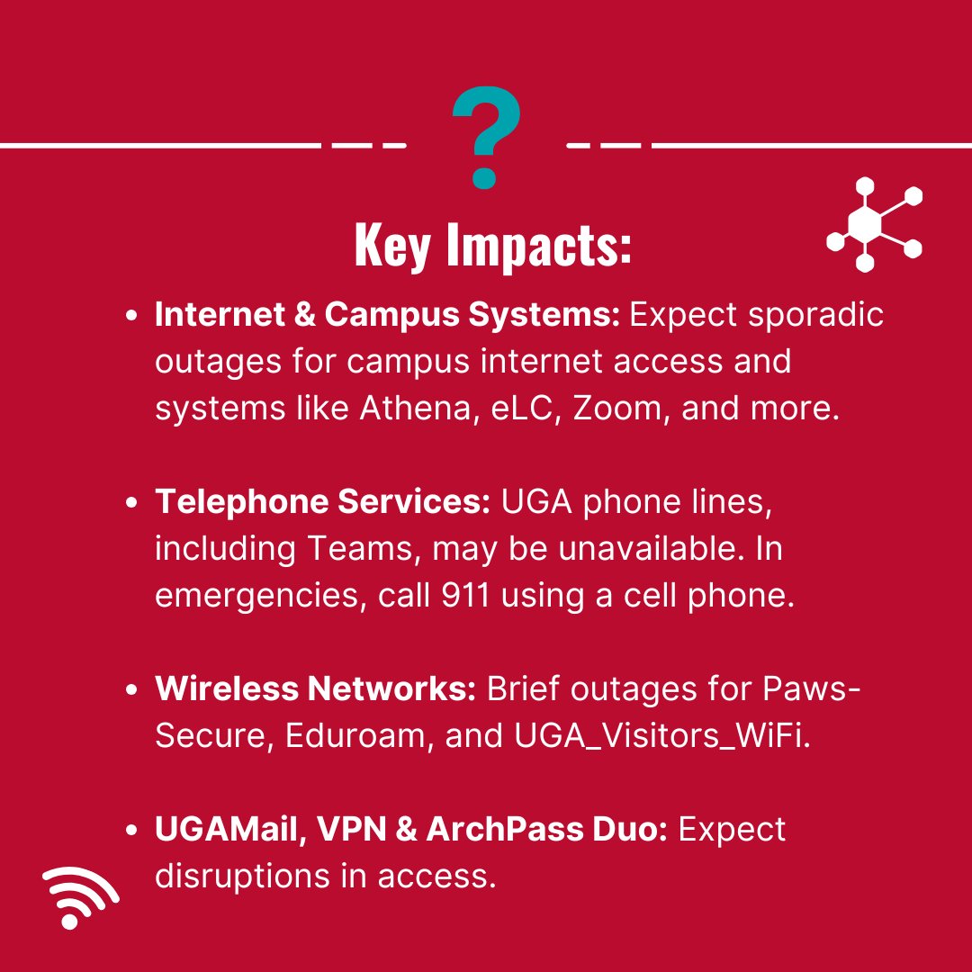 uga_eits's tweet photo. Heads up! EITS will conduct biannual network maintenance this Sunday, Oct 27th, 2024 from 4 a.m. until Midnight. Expect intermittent outages affecting Telephone Services, Campus Internet, and Information Systems. #eits #uga https://t.co/A1XbBlbrA0