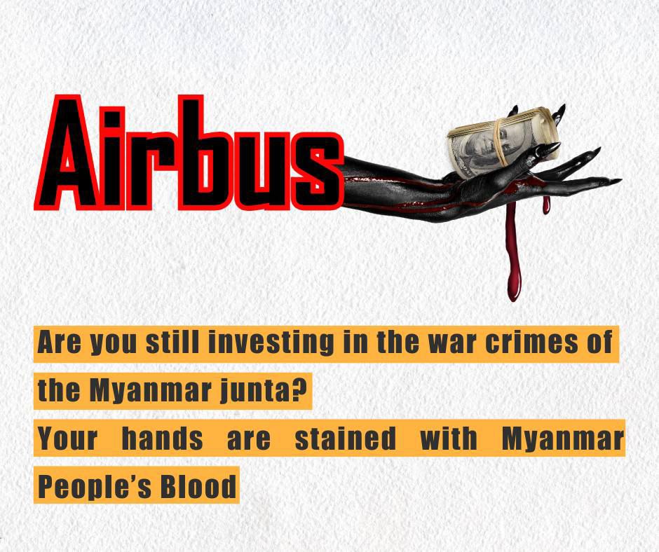 FNCCBurma's tweet photo. Responsibly divest and end its relationship with AVIC if AVIC refuses to end all business with the Myanmar military.

#2024Oct25Coup
#AirBus2AirStrikes
#MyanmarMilitaryTerrorists
#WhatsHappeningInMyanmar https://t.co/8HtnPpS0pN