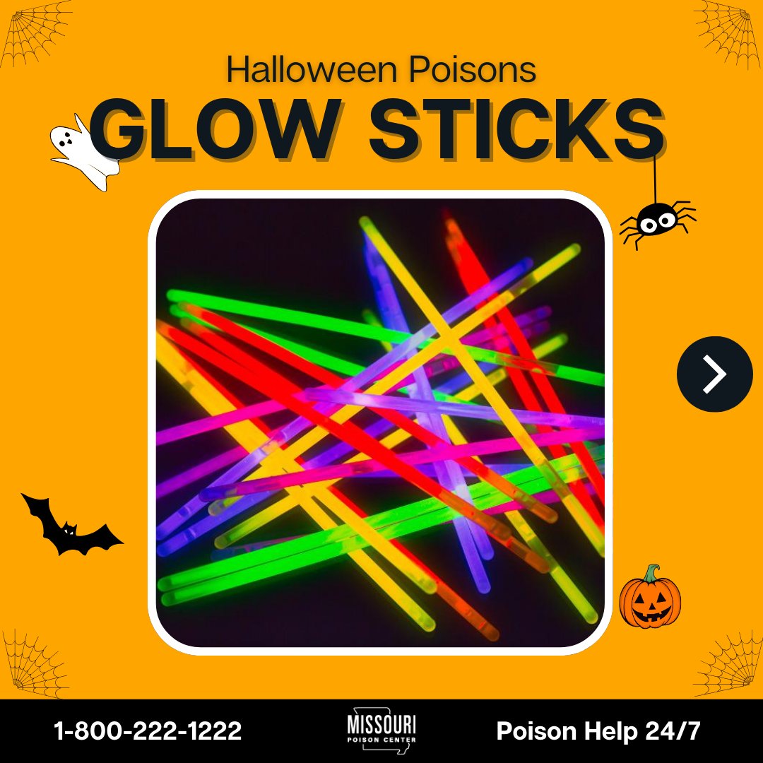 mopoisoncenter's tweet image. 🕸️✨ Day 2 #HalloweenCountdown: #GlowSticks! Fun but don’t let little ones bite into them! If they do, wipe their mouth and give them water to drink. Call us if it gets in their eyes at 1-800-222-1222.
missouripoisoncenter.org/are-glow-stick…
#HalloweenSafety