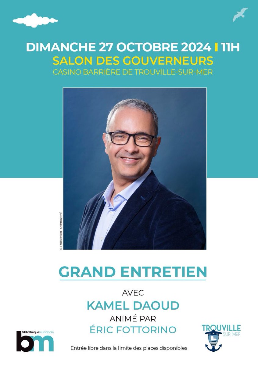 Rendez-vous ce week-end pour le Salon du Livre de Trouville-sur-Mer ! 😁

Ne manquez pas le Grand Entretien avec Kamel Daoud, animé par Éric Fottorino ! Rendez-vous le dimanche 27 octobre à 11h au Salon des Gouverneurs. 😃

Découvrez le programme ▶️ bit.ly/SalonDuLivre20…
