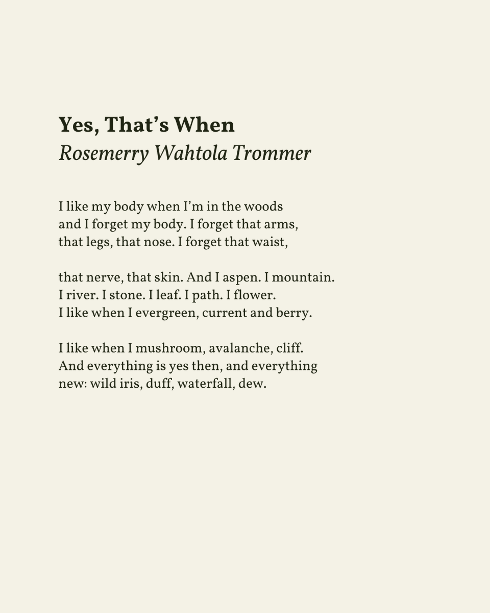 readalittlepoem's tweet photo. “And I aspen. I mountain. / I river. I stone. I leaf. I path. I flower.”

— Rosemerry Wahtola Trommer
.
.
.

This poem appeared in hush by Rosemerry Wahtola Trommer, published by Middle Creek Publishing, 2020. Shared here with deep gratitude. https://t.co/lY2Xmu1IoC