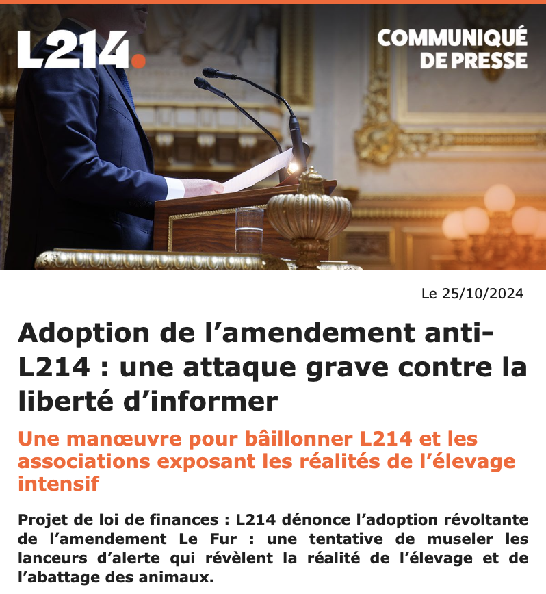 L214's tweet image. 🚨[CP] Amendement anti-L214: un scandale!

Nous continuerons de défendre les animaux avec détermination et nous envisageons dès maintenant l’ensemble des voies de recours ✊

Nous mobiliser pour un modèle agricole et alimentaire, qui prend en compte les animaux, les humains et…