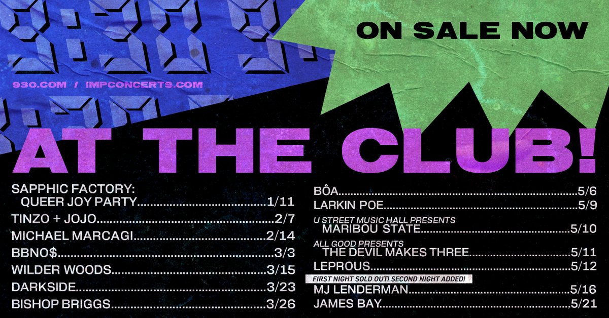 930Club's tweet photo. ON SALE NOW: @sapphicfactory, Tinzo + Jojo, @michaelmarcagi, @bbnomula, @iamwilderwoods, @darksideUSA, @bishopbriggs, Bôa, @larkinpoe, @mariboustate, Devil Makes Three, @leprousband, &amp; @jamesbaymusic.
🎟️: https://t.co/z7oqwmM8nR https://t.co/m7nE6Ysj0s
