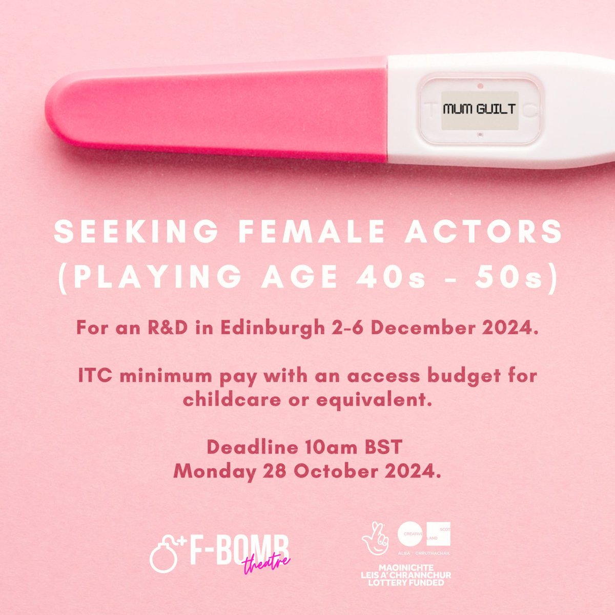 F-Bomb is producing the R&amp;D of Mum Guilt by Caroline Mentiplay, supported by Creative Scotland. We have plenty applications for the role of Stella, but are particularly seeking female actors 40s-50s for Sharon, Amanda &amp; Freya. Deadline Monday 28 October! fbombtheatre.co.uk/opportunities