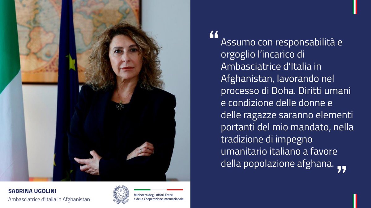 Farnesina 🇮🇹 (@italymfa) on Twitter photo Congratulazioni a Sabrina Ugolini, nuova Ambasciatrice d’Italia in Afghanistan.
.
<a href="/italyinafg/">Italy in Afghanistan</a> Congratulazioni a Sabrina Ugolini, nuova Ambasciatrice d’Italia in Afghanistan.
.
<a href="/italyinafg/">Italy in Afghanistan</a>