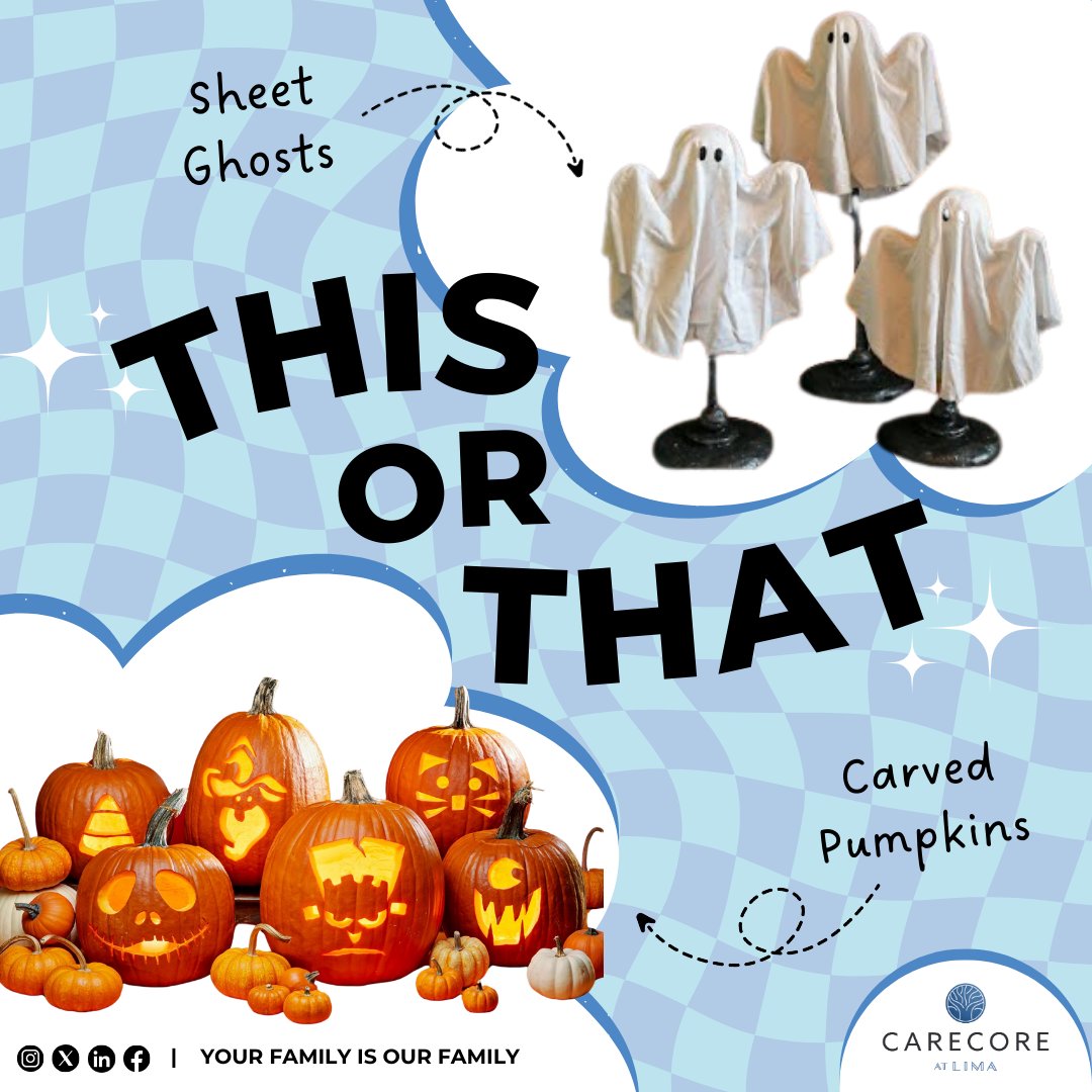 CarecoreLima's tweet photo. Ghostly question: Would you rather decorate with intricately carved pumpkins or whimsical sheet ghosts? Comment with your Halloween must-have! 👻🎃 #ThisOrThat #SpookyChoices https://t.co/9chlRSxolC