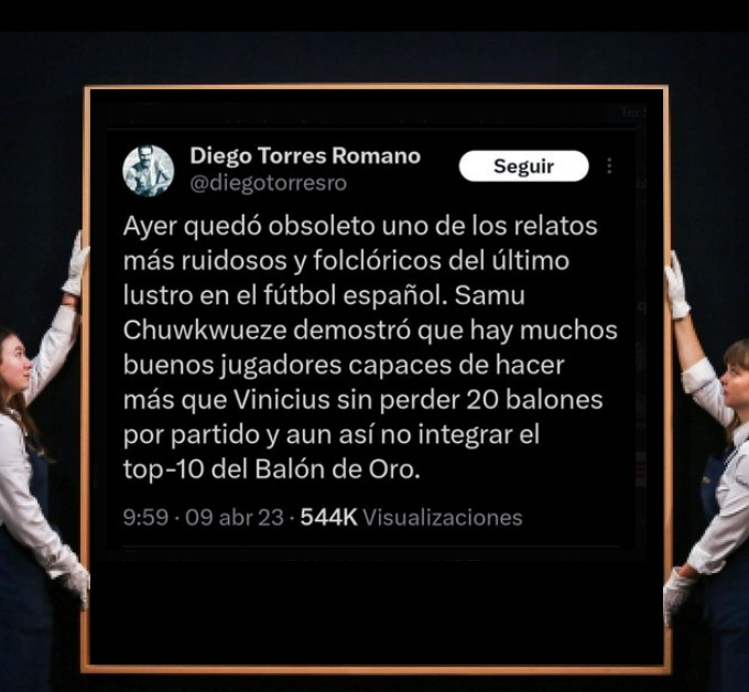 DonShelby__'s tweet photo. Ya que estamos a menos de una semana para el Balón de Oro, voy a subir cada día tuits legendarios que tienen que ver con Vinicius.

Hoy toca el genio que es @diegotorresro https://t.co/1VR1C9dp1K