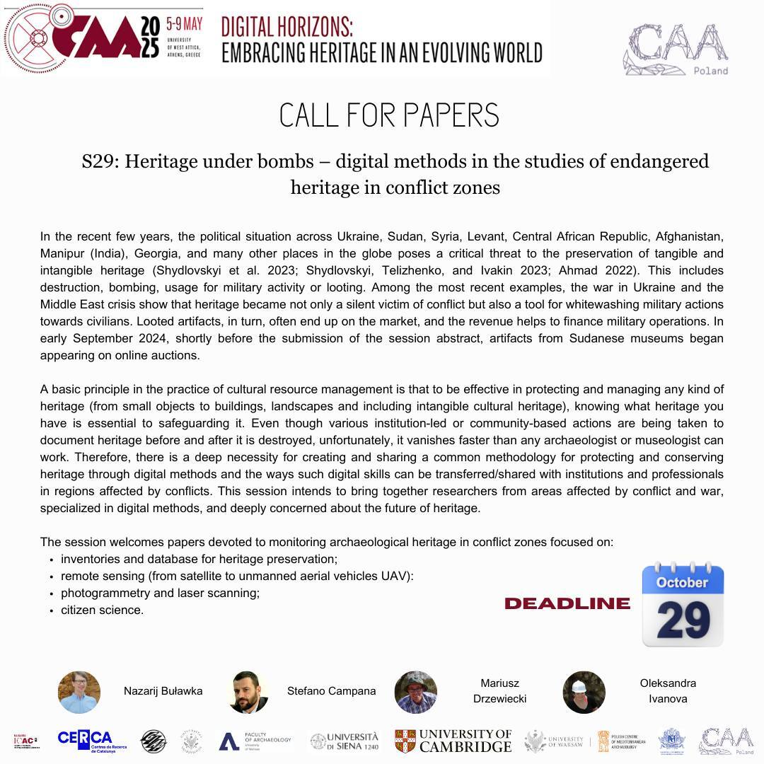 📣 #CallForPapers for #CAA2025!
Join sessions co-organized by our colleagues:
🔸Bridging theory &amp; practice in digital fieldwork
🔸Heritage under bombs – digital tools for endangered heritage
🗓️Apply by Oct 29!
👉More info: 2025.caaconference.org
#DigitalArchaeology #Archaeology