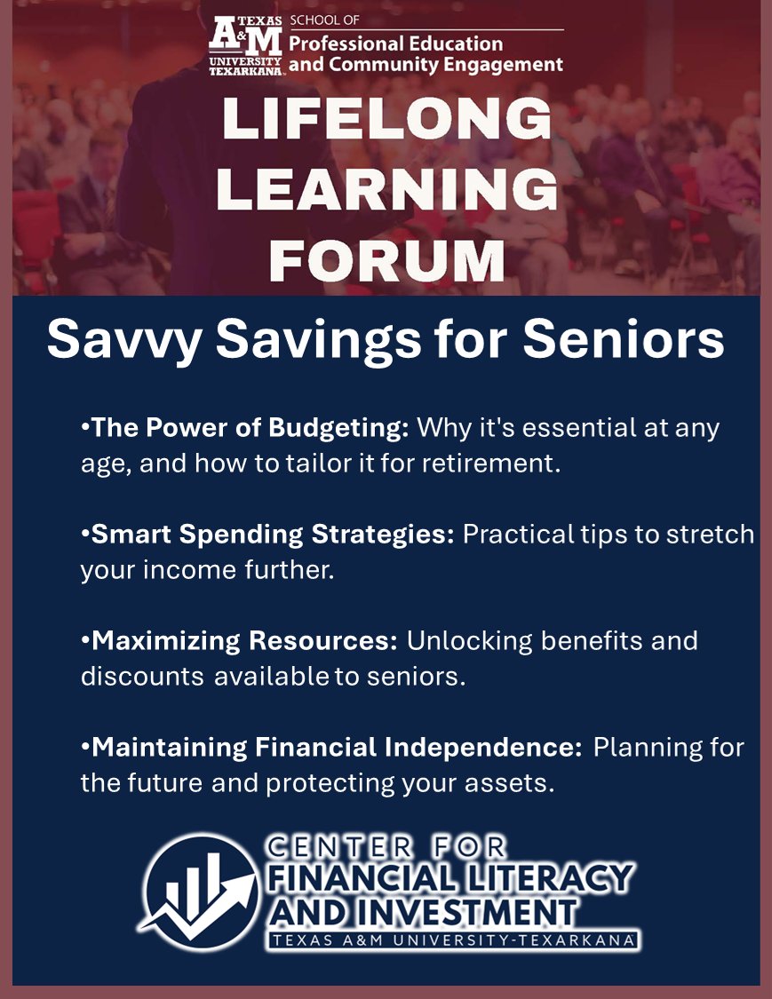 cflitamut's tweet photo. Savvy Savings for Seniors! 💰

Join the CFLI TODAY at TAMUT for FREE tips on budgeting, smart spending &amp; maximizing your retirement income.

10:30 AM - UC Building, Room 326

#SeniorSavings #FinancialLiteracy #CFLI https://t.co/Aapa8vVUC8