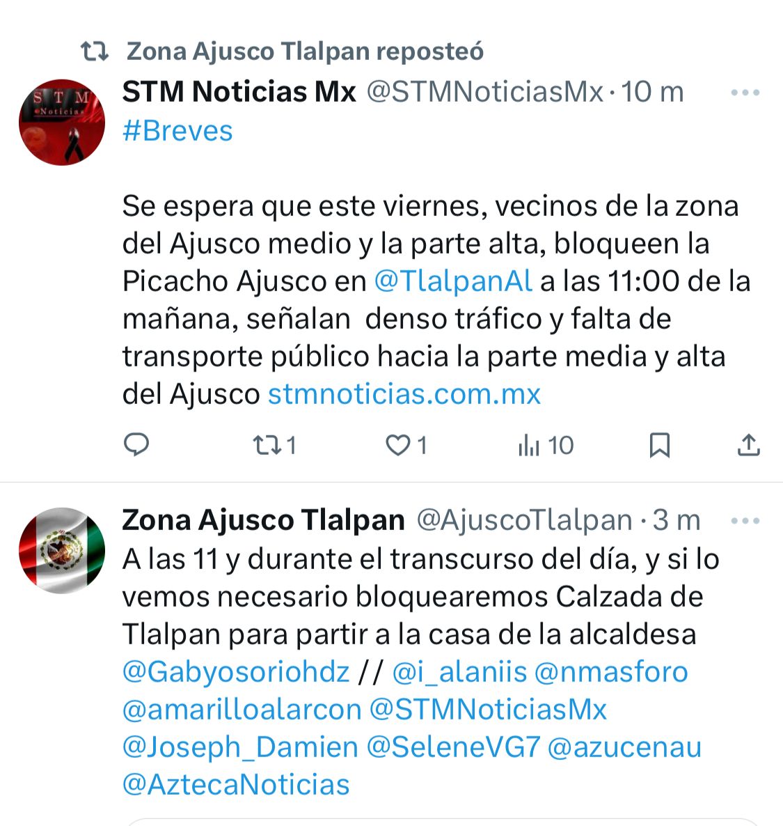 RenaceAjusco's tweet photo. Vecinos y vecinas Ajusco medio convocan a una manifestación en Picacho Ajusco y también los vecinos de "la joya" convocan a una manifestación por la inseguridad que está arrasando con la alcaldía Tlalpan en Ajusco y debe hacerse más presente la seguridad de los ciudadanos. https://t.co/JK4itODcUR