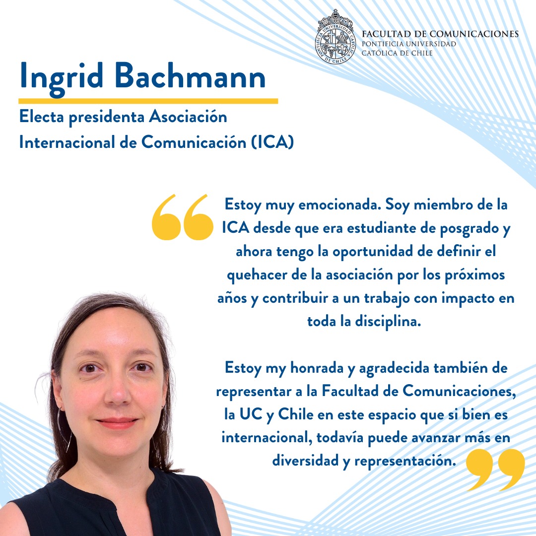 fcomuc's tweet photo. 📣¡Tenemos una gran noticia! La profesora @Ingrid_Bachmann ha sido electa presidenta de la @icahdq, International Communication Association. ¡Estamos muy orgullosos! Felicitamos a Ingrid y reconocemos su aporte en estudios sobre comunicación. 
Lee más 👉: https://t.co/h1nC74iTtg https://t.co/fEpkPkbMHb