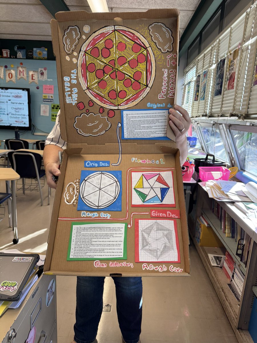 Mrs. Degnan’s Geometry class showed off their constructions skills with an original theme! Who doesn’t love pizza??? These constructions look delicious 💙♾️