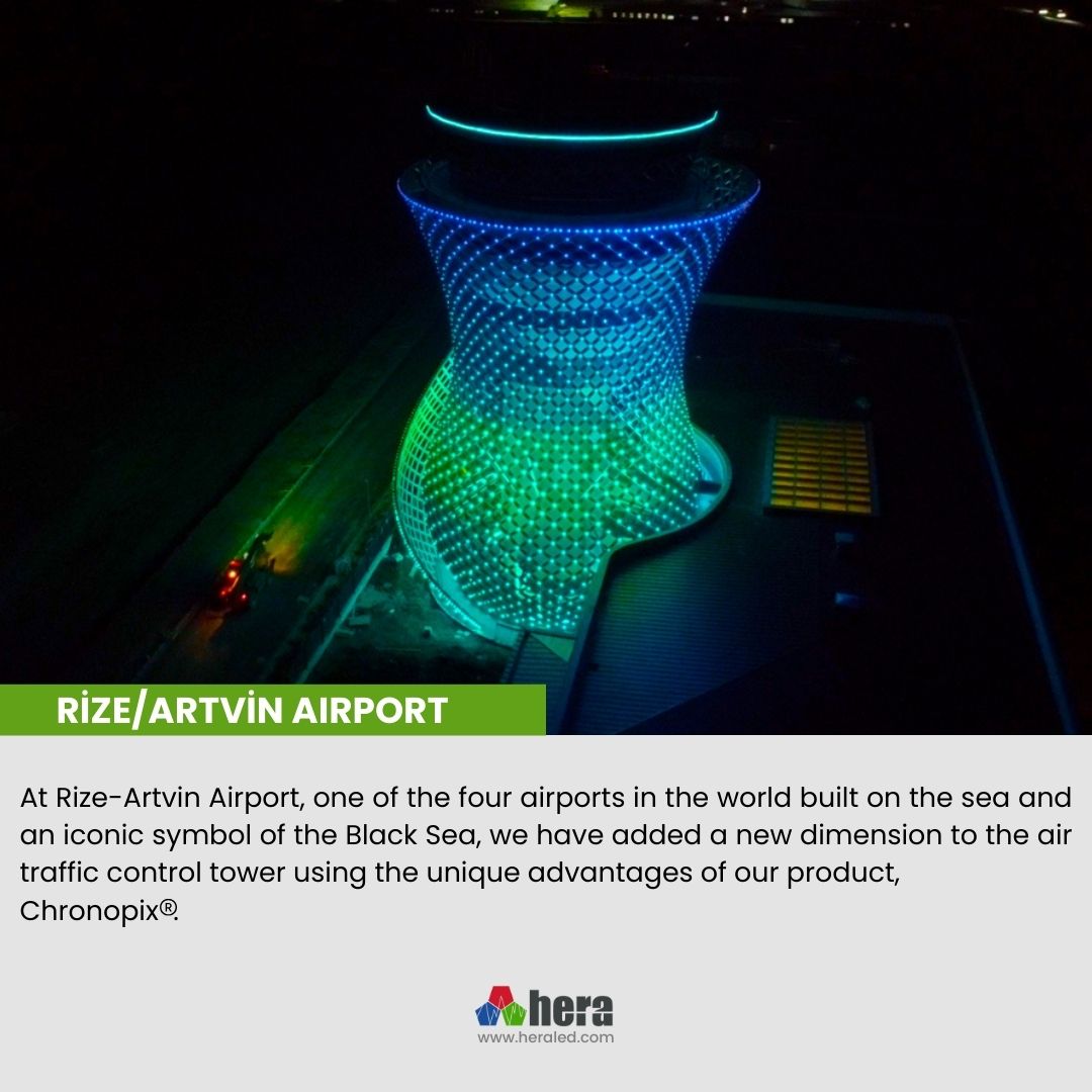 HeraLedLighting's tweet photo. At Rize-Artvin Airport, we enhanced the sea-built control tower with Chronopix®, which blends seamlessly by day and illuminates with a radiant glow at night, preserving the structure's aesthetic. https://t.co/oxL36H8D9z