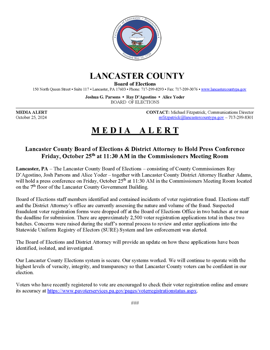 BREAKING: Lancaster County team finds and stops suspected voter registration fraud operation. 

Press conference at 11:30 AM.  

Livestream can be found here: vimeo.com/event/1970439