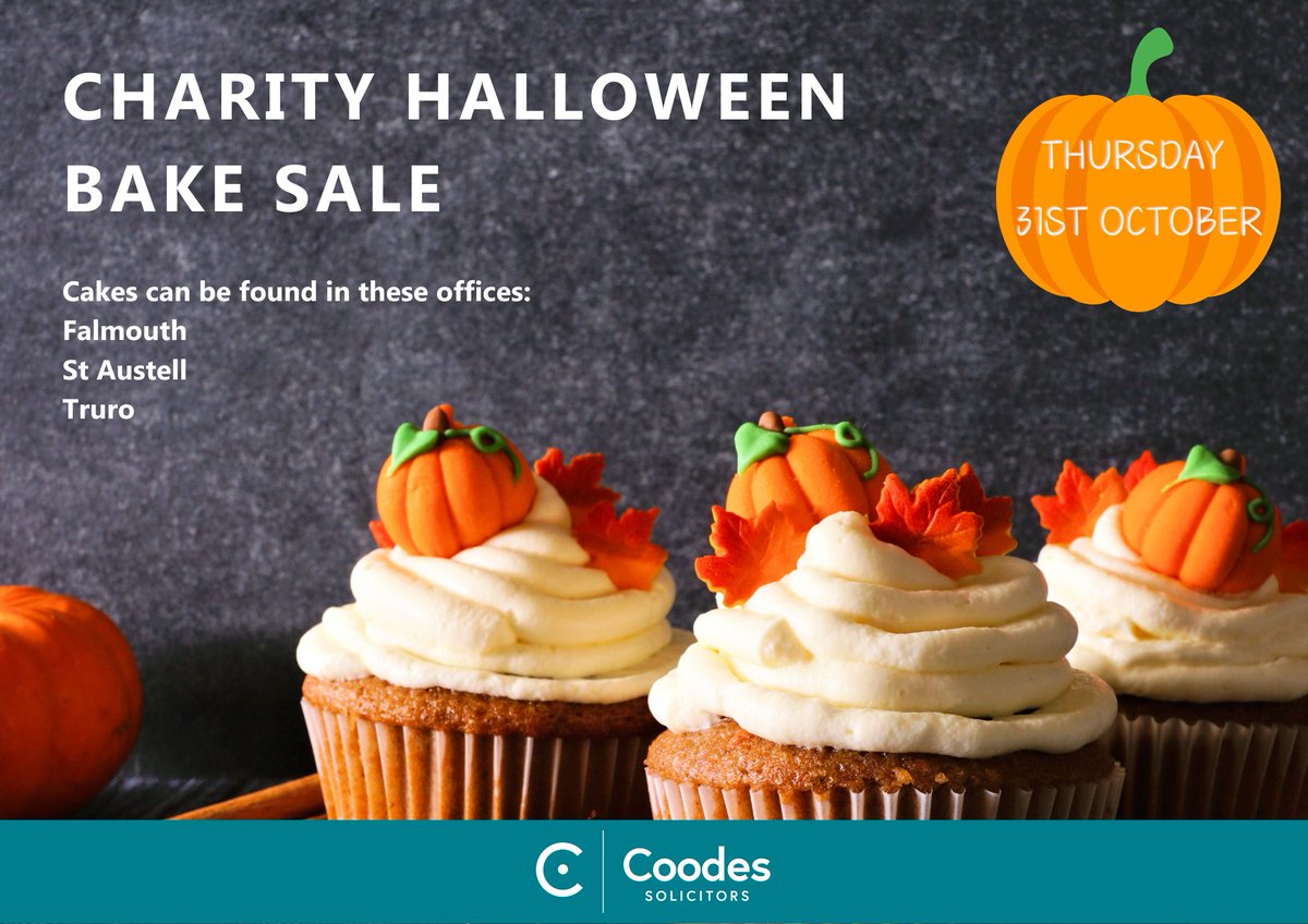 Coodes's tweet image. On the 31st October, our Falmouth, St. Austell and Truro offices will be hosting a Charity Halloween Bake Sale for our chosen charity of the year. 🎃

Come and visit for a frightfully good slice (or two) of cake.

#BakeSale #HalloweenFun #SupportLocalCharity #CoodesCares