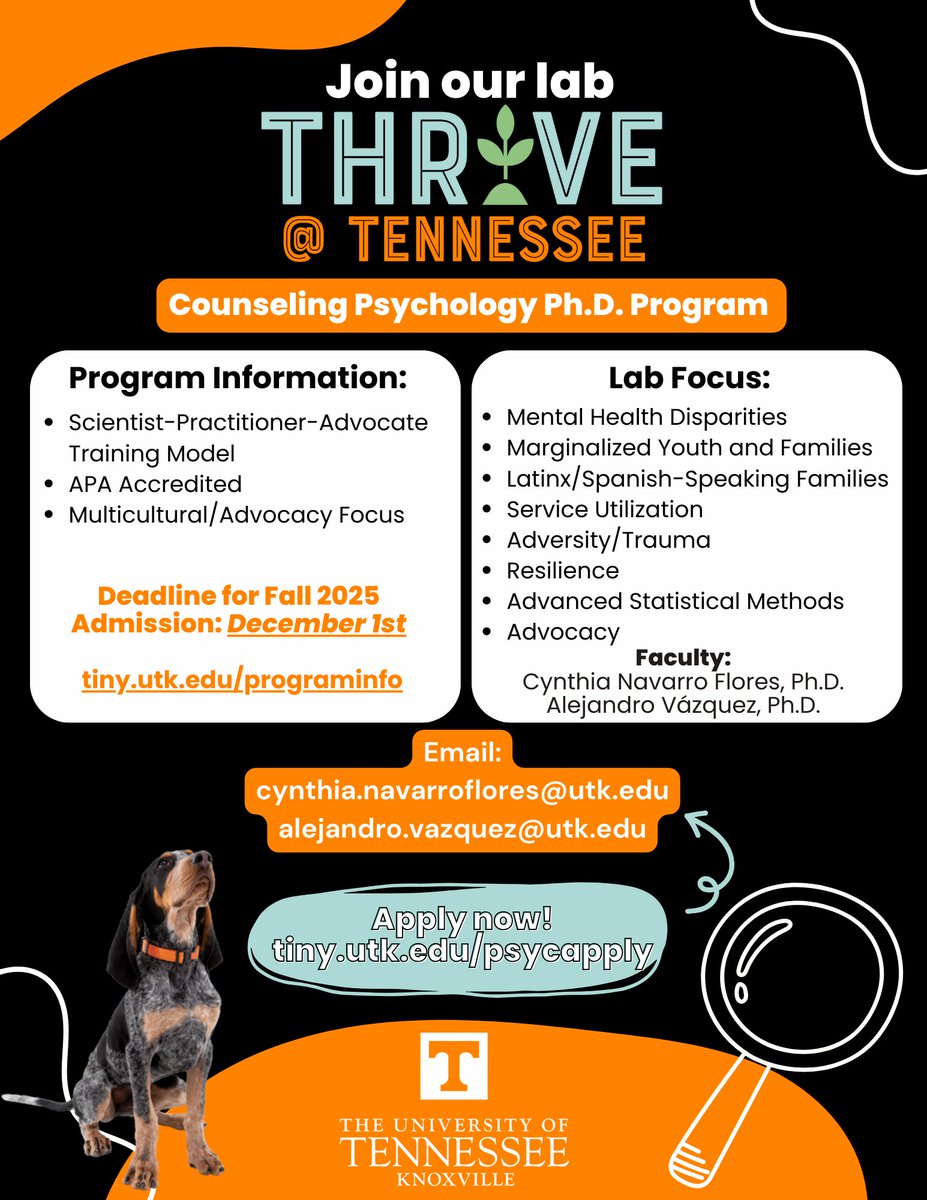 Alejandro L. Vázquez, PhD (@alvazquezphd) on Twitter photo <a href="/CMNavarroFlores/">Cynthia M. Navarro Flores, PhD (she/her/hers/ella)</a> and I will be reviewing applications for the counseling psychology PhD program @UTKPsych (2025-2026 academic year).
Lab: tiny.utk.edu/thrivelab
Application: tiny.utk.edu/psycapply
Apps are due in a month (Dec 1). Please help spread the word! 🙏🏼 <a href="/CMNavarroFlores/">Cynthia M. Navarro Flores, PhD (she/her/hers/ella)</a> and I will be reviewing applications for the counseling psychology PhD program @UTKPsych (2025-2026 academic year).
Lab: tiny.utk.edu/thrivelab
Application: tiny.utk.edu/psycapply
Apps are due in a month (Dec 1). Please help spread the word! 🙏🏼