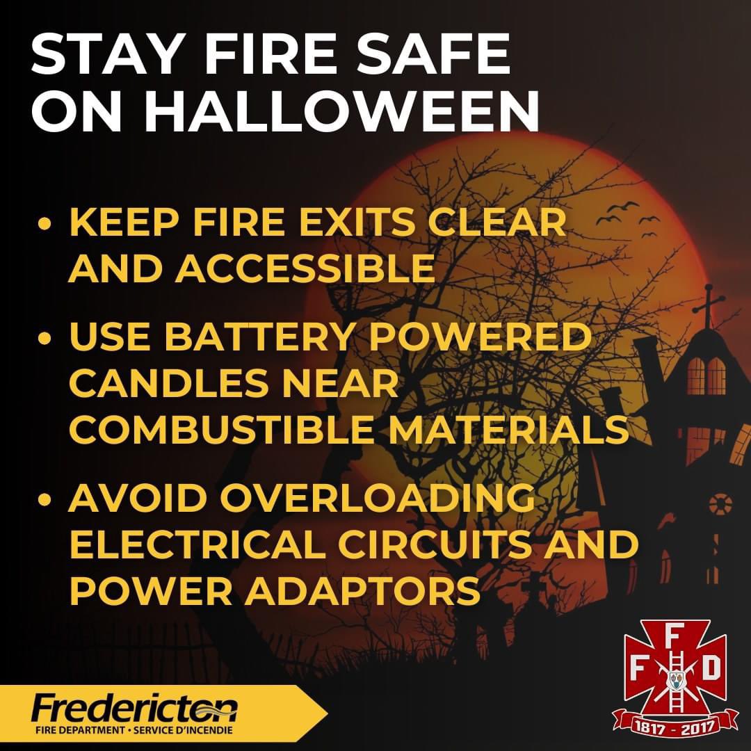 CityFredFire's tweet photo. Keep your family and your community safe this Halloween season by remembering these three important tips:

✅ Keep fire exits clear and accessible

✅ Use battery powered candles near combustible materials

✅ Avoid overloading electrical circuits and power adaptors https://t.co/956jWoZvwf